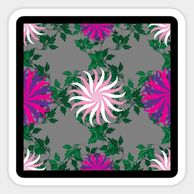 White and Pink, Cerise and Purple Flowers on a Vine Leaf and Mid-Grey background Sticker by sleepingdogprod